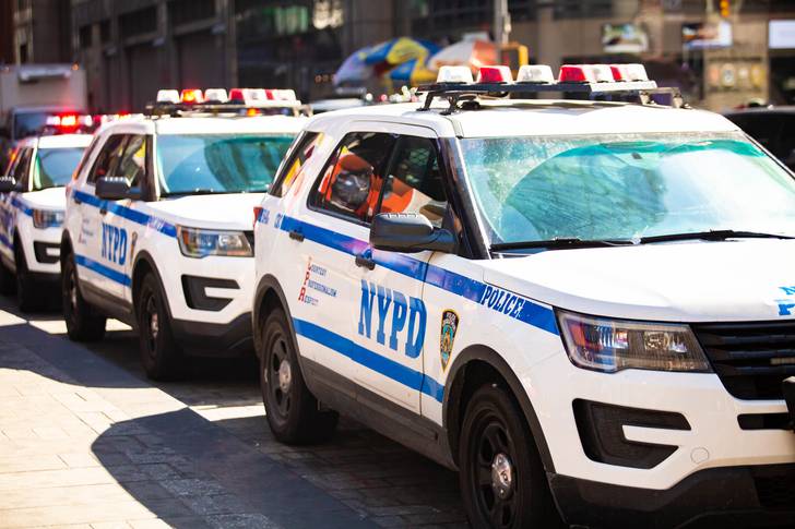 A close-up of an NYPD vehicle with sirens.